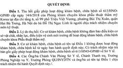 Nội dung quyết định thu hồi giấy phép hoạt động của Phòng khám Korea của Sở Y tế Hà Nội