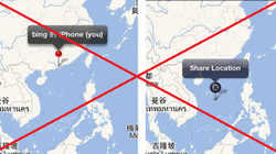 Bản đồ sai trái "đường lưỡi bò" trên ứng dụng WhatsApp (bên trái) và Line (bên phải), chụp năm 2013.