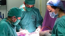 Ekip phẫu thuật của Bệnh viện Sản Nhi Quảng Ninh cấp cứu cháu bé 2 ngày tuổi.