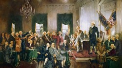 Bức tranh “Cảnh tại lễ ký Hiến pháp nước Mỹ” của Howard Chandler Christy (Ảnh: Washington Post)