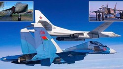 Su-30SM của Belarus hộ tống máy bay ném bom Tu-160 của Nga, cùng hình ảnh Su-24 và MiG-25BM (Ảnh: MW)