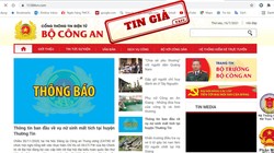 Website giả mạo Bộ Công an bị gắn nhãn tin giả. Ảnh: VAFC.