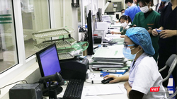 Các bác sĩ ở Bệnh viện Bệnh Nhiệt đới Trung ương làm việc 24/24 để chăm sóc cho bệnh nhân (Ảnh - Minh Thuý) 