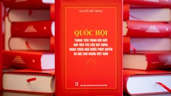Cuốn sách "Quốc hội trong tiến trình đổi mới đáp ứng yêu cầu xây dựng, hoàn thiện Nhà nước pháp quyền xã hội chủ nghĩa Việt Nam" của Tổng Bí thư Nguyễn Phú Trọng. Ảnh: Quốc hội.