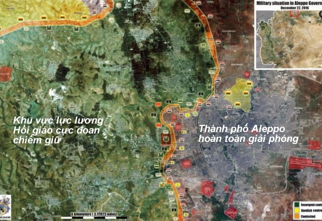Chảo lửa Aleppo: Tổng quan diễn biến chiến sự các quận phía đông Bản đồ chiến sự thành phố Aleppo tính đến ngày 22.12.2016