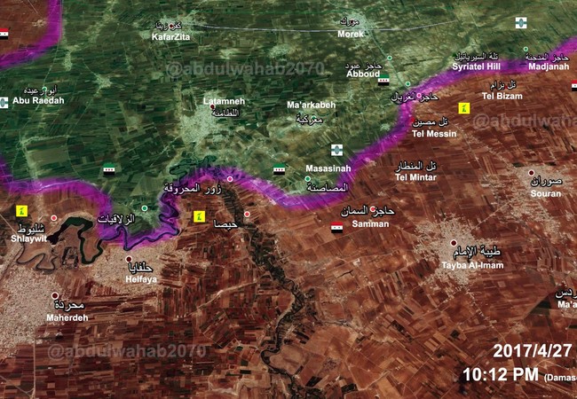 Quân đội Syria đập tan phiến quân, diệt hàng loạt tay súng khủng bố ở Hama (video) Bản đồ chiến sự miền bắc Hama, tính đến ngày 27.04.2017