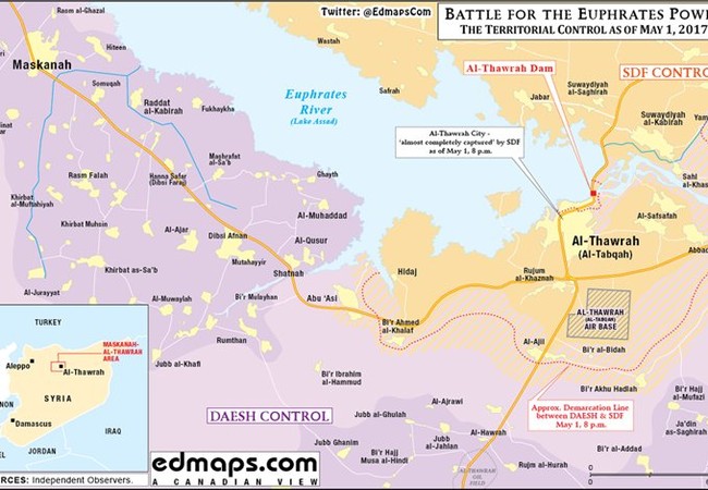 Chiến sự Syria: SDF diệt 44 tay súng IS, tổn thất 20 lính vì xe bom tự sát Bản đồ khu vực chiến trường thành phố Tabqa
