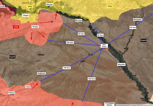 Quân đội Syria giao chiến ác liệt với IS trên sa mạc Homs (chùm video) Các hướng tấn công IS và khoảng cách về thành phố Deir Ezzor trên chiến trường sa mạc phía đông tỉnh Homs