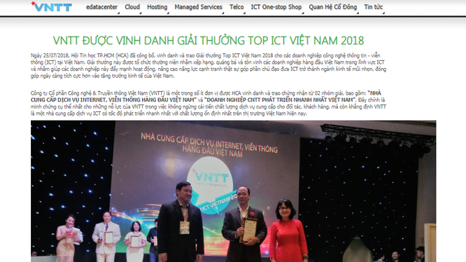 Ảnh chụp màn hình website Công ty cổ phần công nghệ và truyền thông Việt Nam công bố nhận giải thưởng tại Lễ trao giải Top ICT Việt Nam năm 2018.