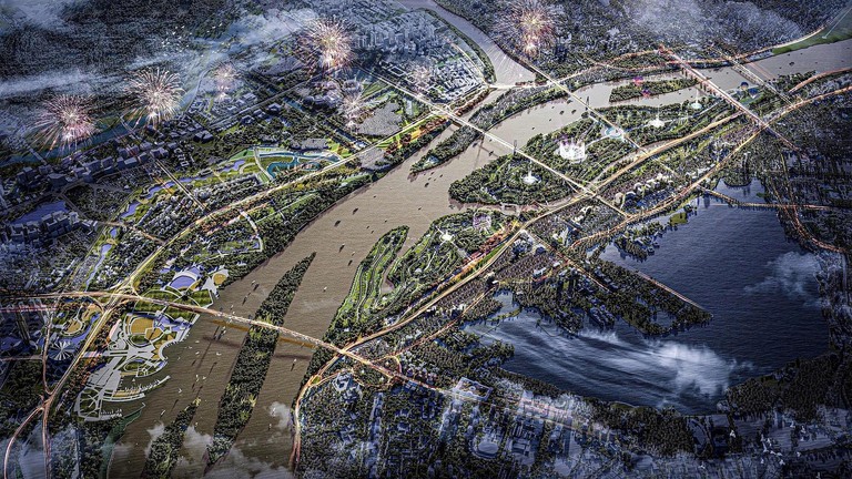 Phối cảnh tuyến monorail đi trên cao bên cạnh đại lộ cảnh quan sông Hồng.