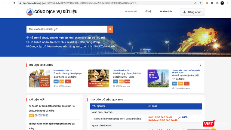 Giao diện Cổng dịch vụ dữ liệu TP Đà Nẵng
