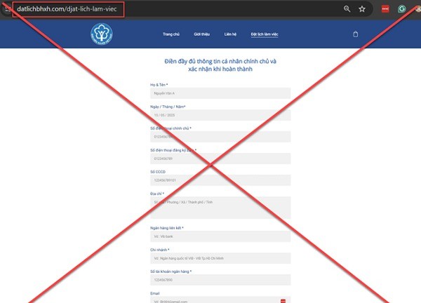 Trang web giả mạo datlichbhxh[.]com có giao diện tương tự trang chính thức. Ảnh: BHXHVN