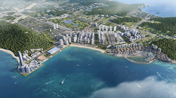 Ảnh phối cảnh quần thể phục vụ APEC 2027 tại Phú Quốc, bao gồm các khách sạn thương hiệu Conrad, Hilton và DoubleTree by Hilton