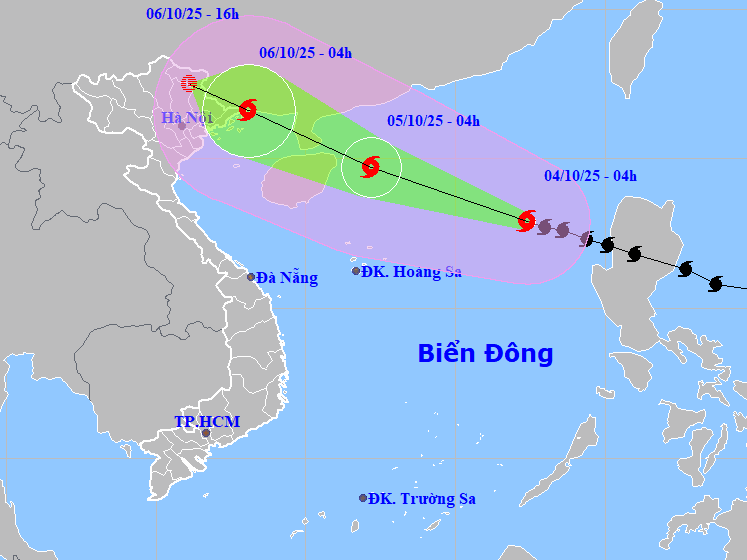 Dự báo hướng đi và vùng ảnh hưởng bão Matmo, sáng 4/10. Ảnh: NCHMF. Anh 1.gif