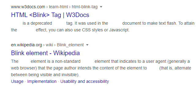 Khi có người tra cứu về thẻ blink ngôn ngữ HTML, Google vẫn để hiệu ứng chữ “blink” nhấp nháy khá thú vị.