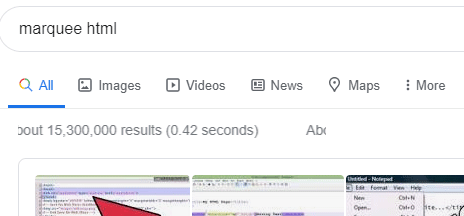 Khi bạn tra “” hoặc “marquee HTML”, dòng thông báo số lượng kết quả tìm được sẽ chạy từ phải qua trái.