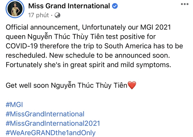Fanpage Miss Grand International thông báo Hoa hậu Nguyễn Thúc Thuỳ Tiên nhiễm Covid-19 Fanpage Miss Grand International thông báo Hoa hậu Nguyễn Thúc Thuỳ Tiên nhiễm Covid-19
