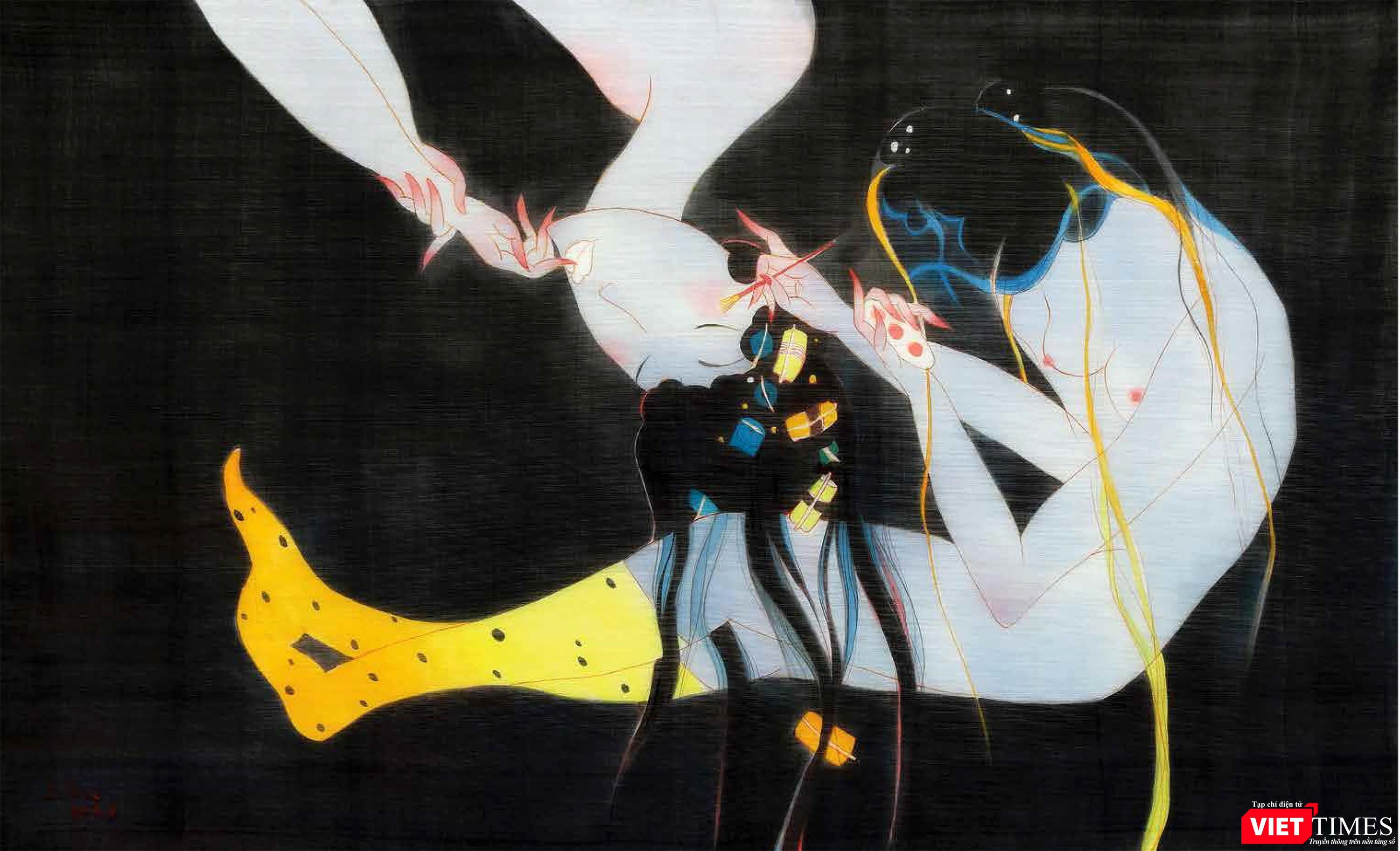 Tác phẩm Khẽ chạm 2 (mực acrylic trên lụa, 67cm x 110cm, 2020) Tác phẩm Khẽ chạm 2 (mực acrylic trên lụa, 67cm x 110cm, 2020)