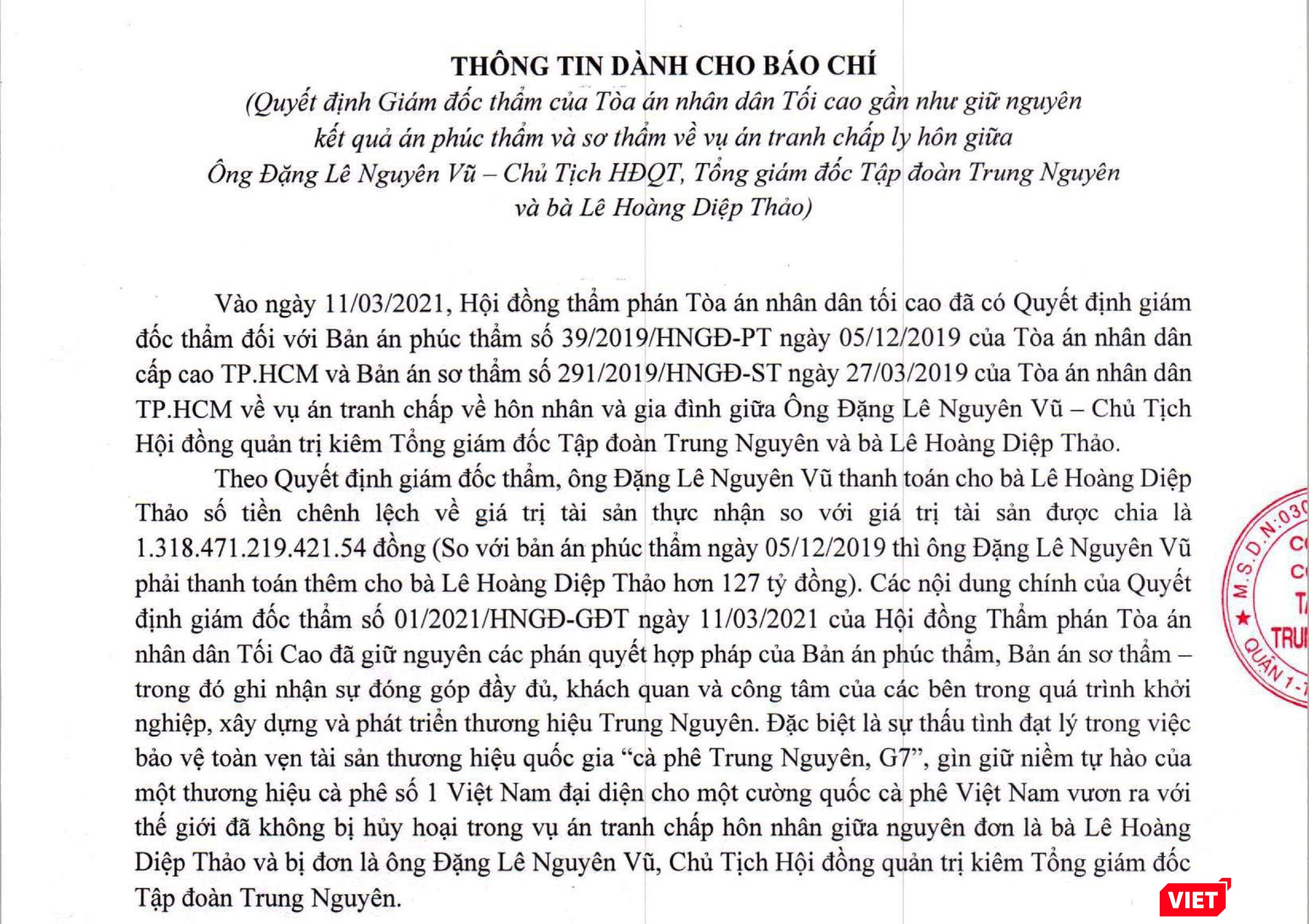 Thông cáo báo chí ký ngày 7/5/2021 từ Tập đoàn Trung Nguyên