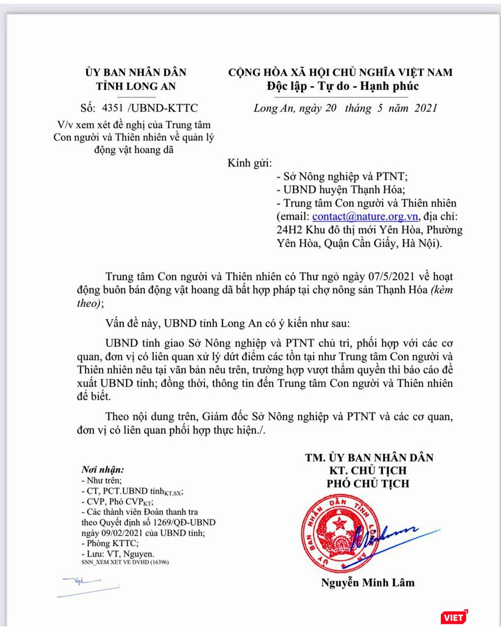 Công văn hồi âm từ UBND tỉnh Long An