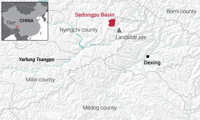 Hồ chứa tại lưu vực Sedongpu (màu đỏ) được hình thành sau vụ lở đất năm 2018. Đồ họa: SCMP.