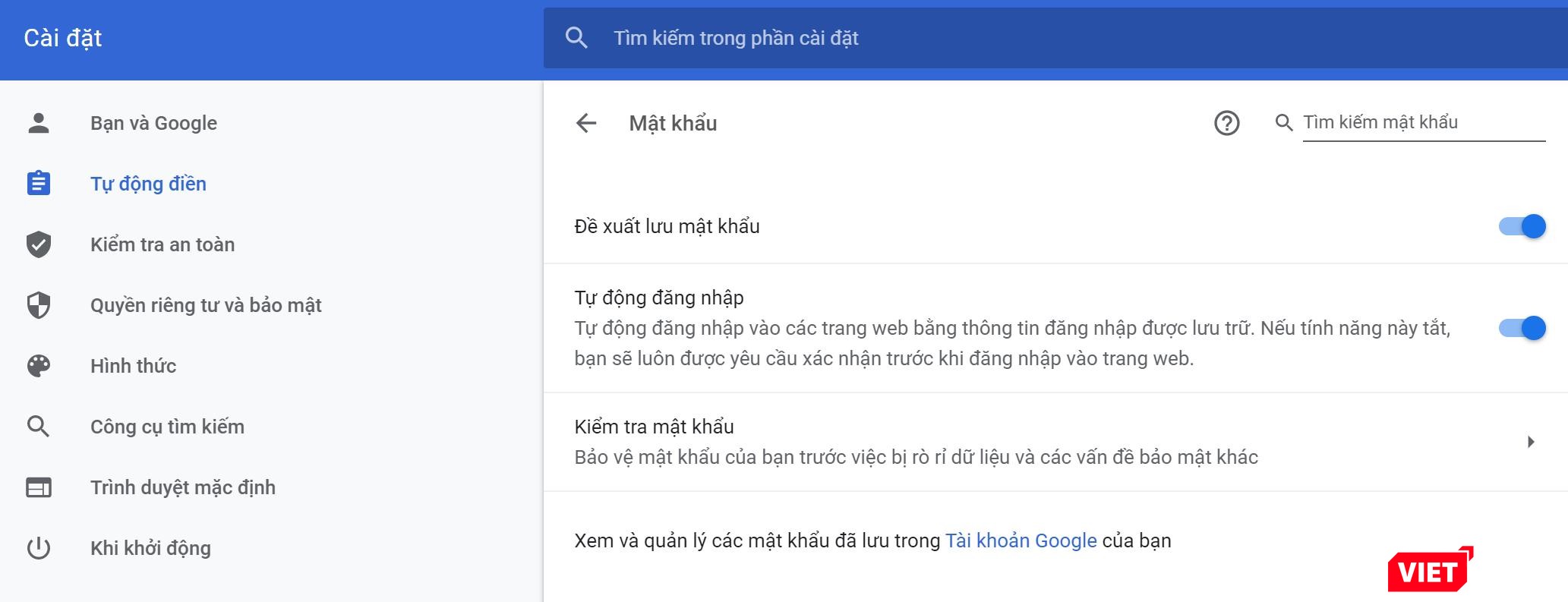 Các tùy chọn khác trong Trình quản lý mật khẩu Google. Ảnh chụp màn hình