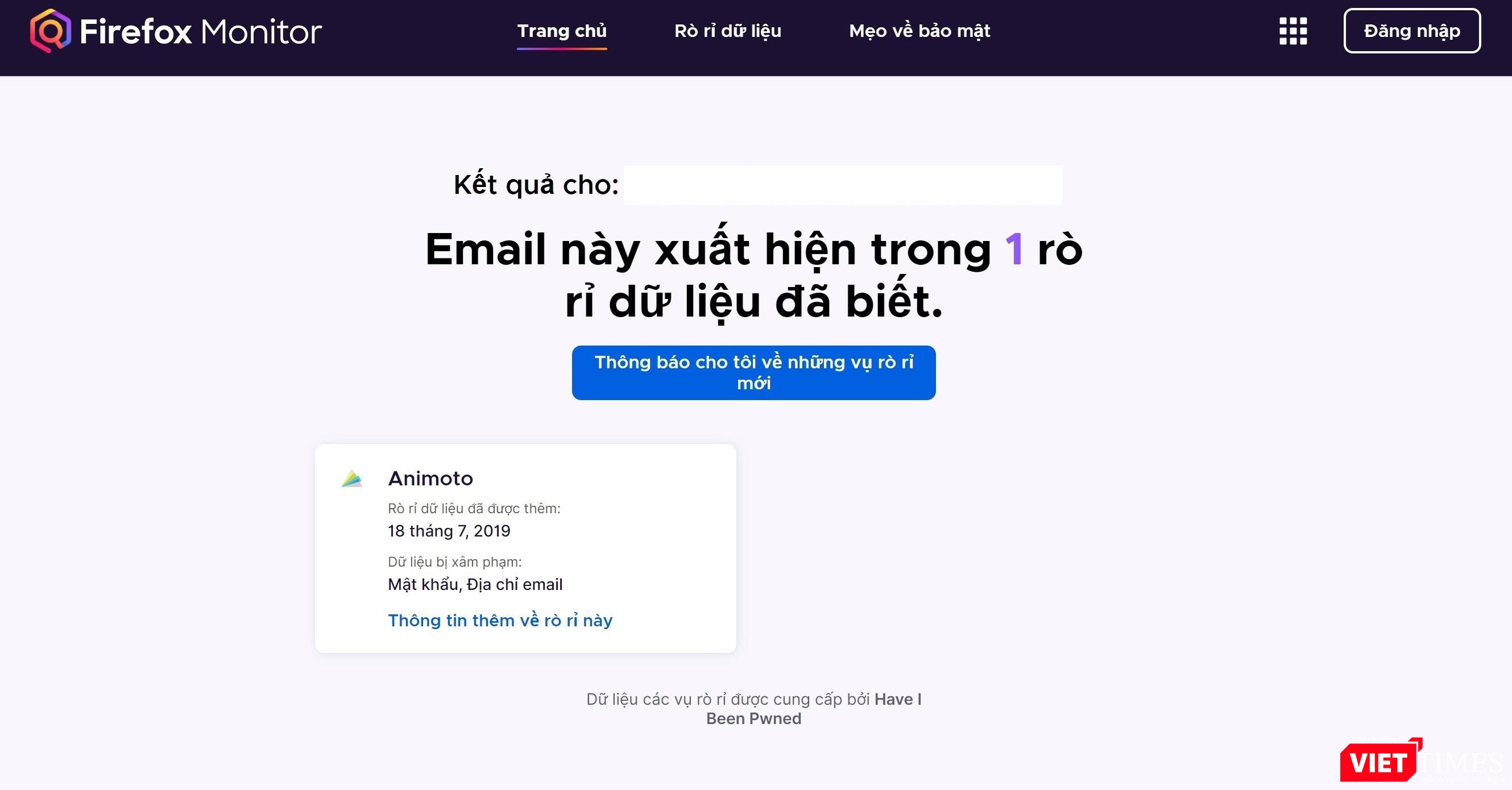 Thông tin rò rỉ dữ liệu gồm thời gian và dữ liệu bị xâm phạm. Ảnh chụp màn hình