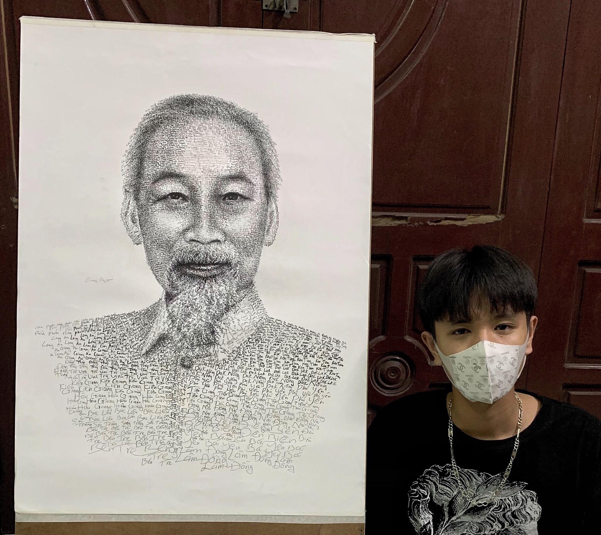 Tranh Bác Hồ vẽ bằng tên của 63 tỉnh thành của Nguyễn Văn Cường. Tranh Bác Hồ vẽ bằng tên của 63 tỉnh thành của Nguyễn Văn Cường.