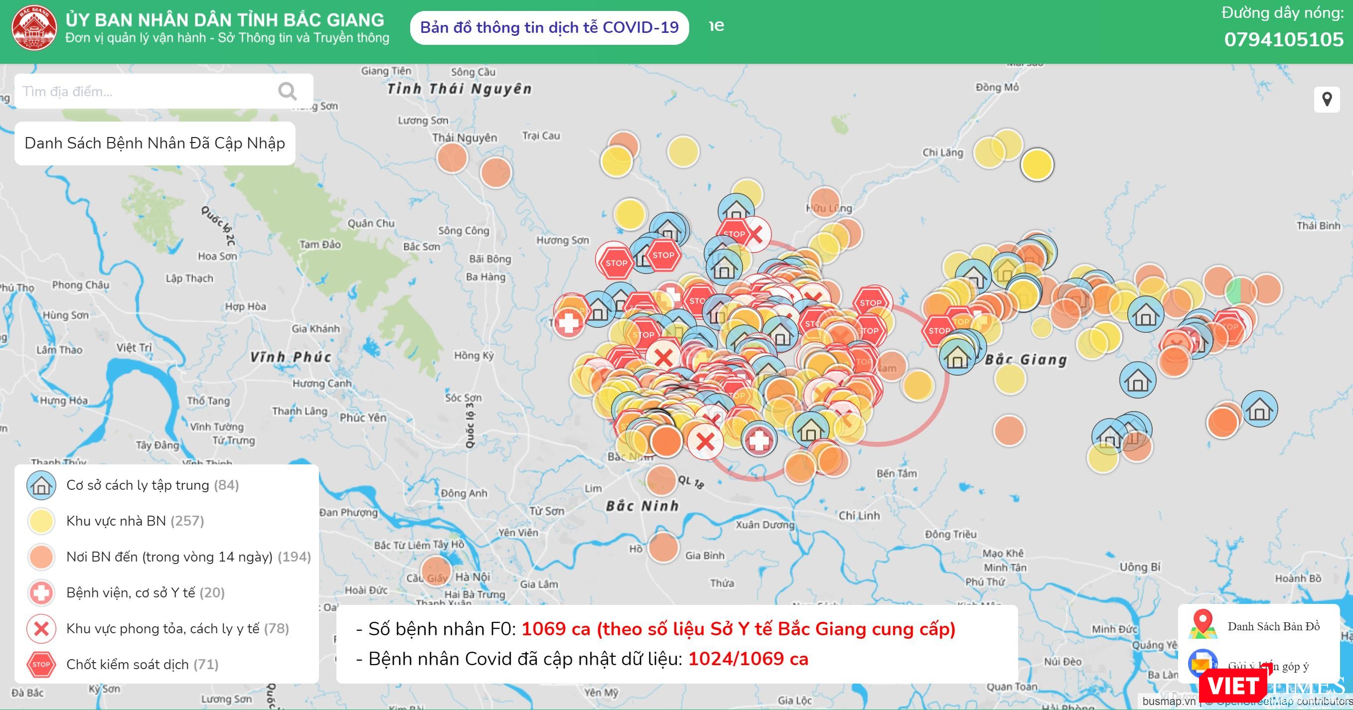 Bản đồ COVID-19 tại Bắc Giang. Hiện, tổng số ca trong toàn tỉnh được ghi nhận lên 1.024 ca mắc, 12.342 trường hợp F1, 56.113 trường hợp F2.