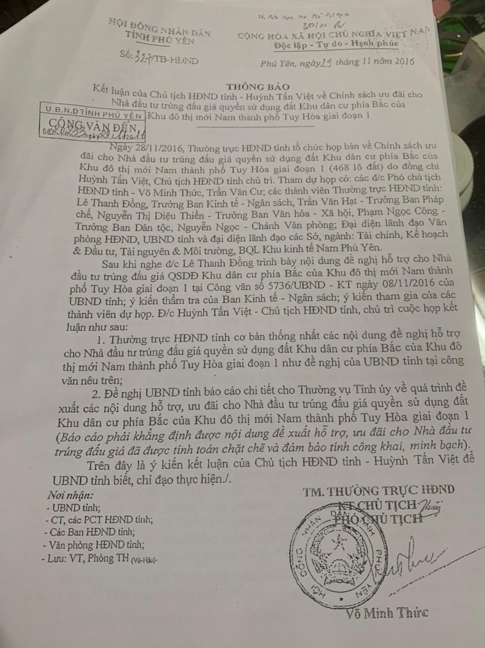 Văn bản ngày 29/11/2016 của HĐND tỉnh Phú Yên do ông Võ Minh Thức, Phó chủ tịch HĐND tỉnh ký, nội dung thể hiện thống nhất với các nội dung đề nghị hỗ trợ nhà đầu tư.