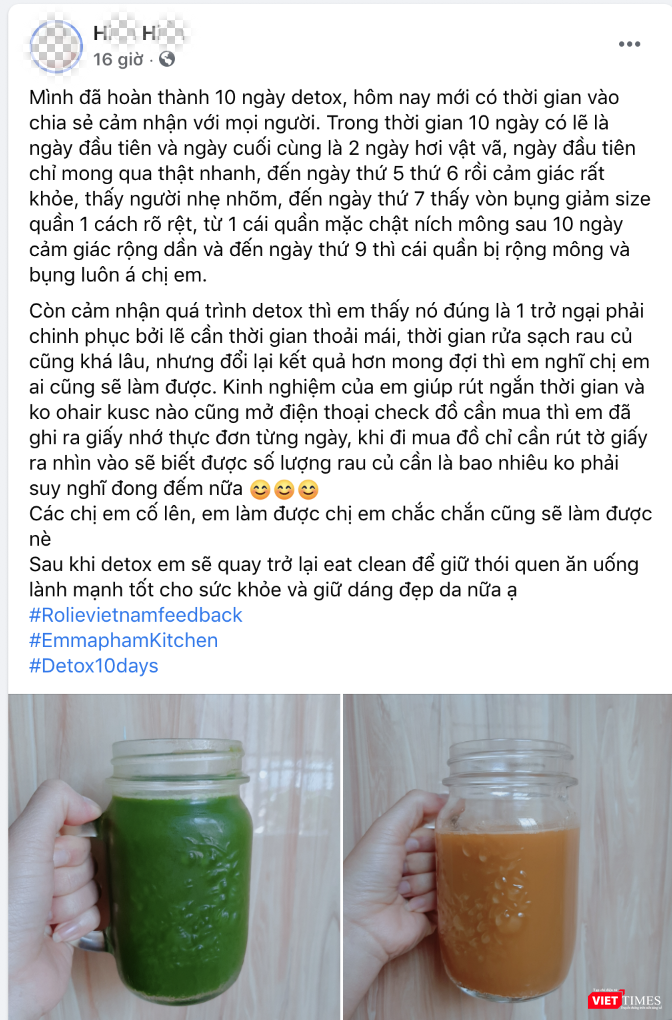 Facebook tên H. H. chia sẻ quá trình thải độ, giảm cân bằng Detox (Ảnh - PV) Facebook tên H. H. chia sẻ quá trình thải độ, giảm cân bằng Detox (Ảnh - PV)