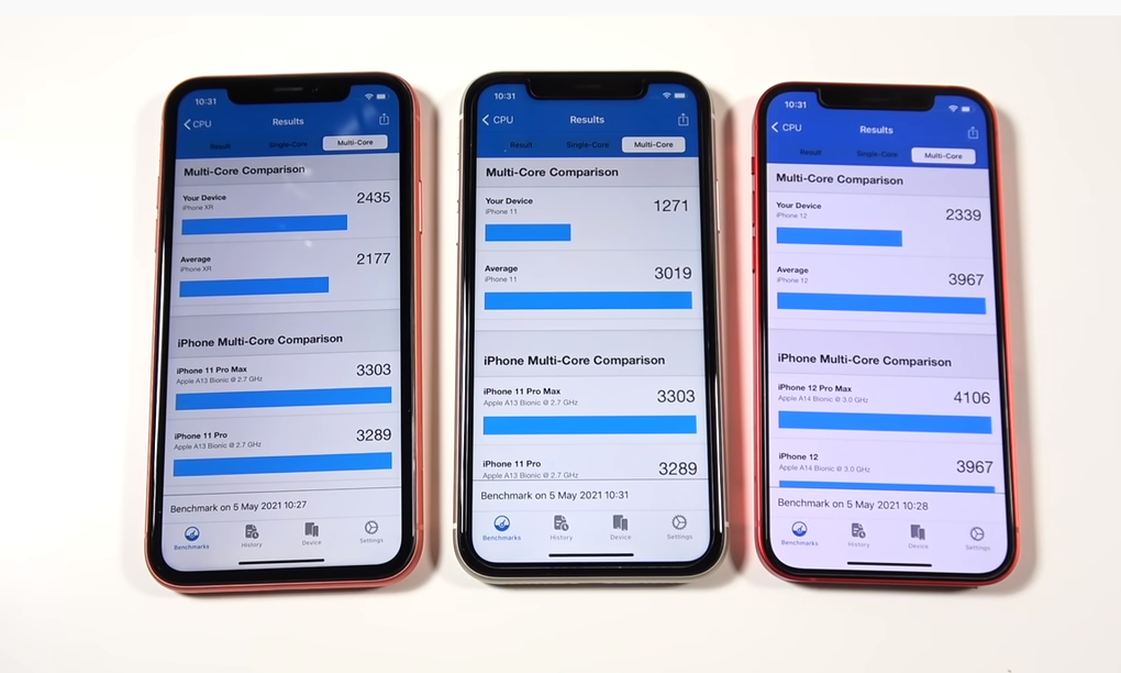 iOS 14.5.1 khiến hiệu năng của iPhone 12 (phải) và iPhone 11 (giữa) thấp hơn cả iPhone XR (trái) khi chấm điểm bằng GeekBench. Ảnh: Nick Ackerman iOS 14.5.1 khiến hiệu năng của iPhone 12 (phải) và iPhone 11 (giữa) thấp hơn cả iPhone XR (trái) khi chấm điểm bằng GeekBench. Ảnh: Nick Ackerman