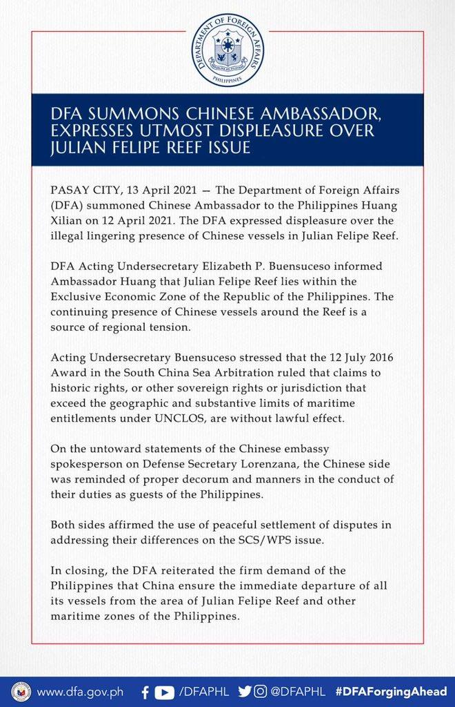 Thông báo của Bộ Ngoại giao Philippines về vụ triệu tập Đại sứ Trung Quốc Hoàng Khê Liên tới phản kháng (Ảnh: BNGPLP). Thông báo của Bộ Ngoại giao Philippines về vụ triệu tập Đại sứ Trung Quốc Hoàng Khê Liên tới phản kháng (Ảnh: BNGPLP).