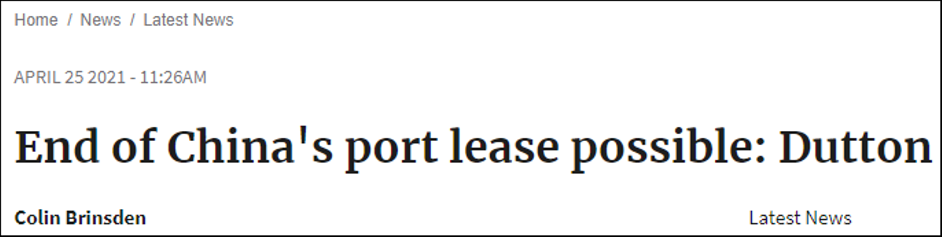Tờ Canberra Times giật tít "Ông Dutton nói có thể chấm dứt cho Trung Quốc thuê cảng".