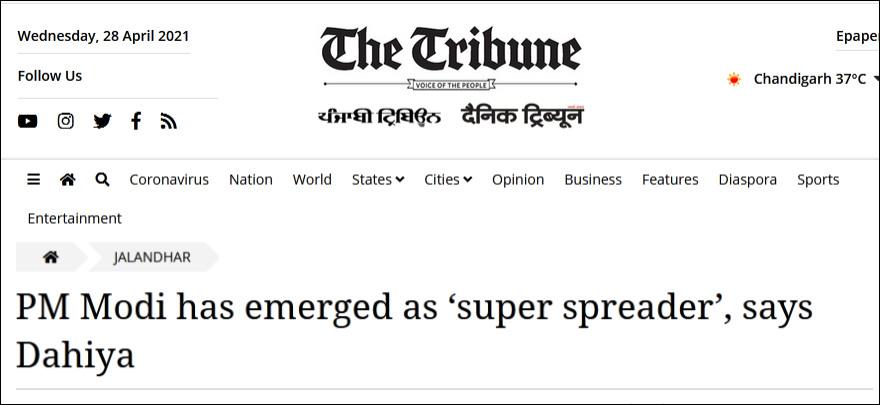 Ông Navjot Dahiya chỉ trích Thủ tướng Modi trên tờ The Tribune. Ông Navjot Dahiya chỉ trích Thủ tướng Modi trên tờ The Tribune.
