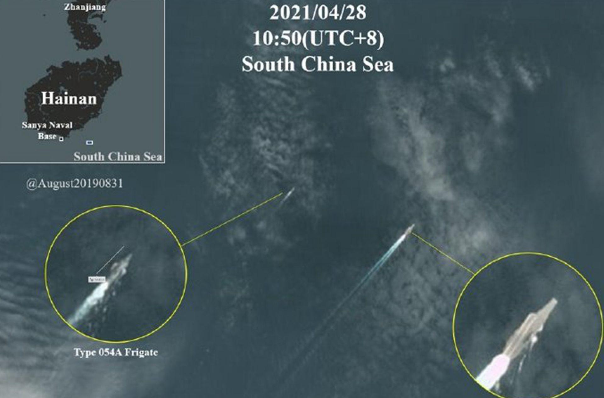 Ảnh vệ tinh chụp tàu Sơn Đông hoạt động trên Biển Đông (Ảnh: Dwnews).