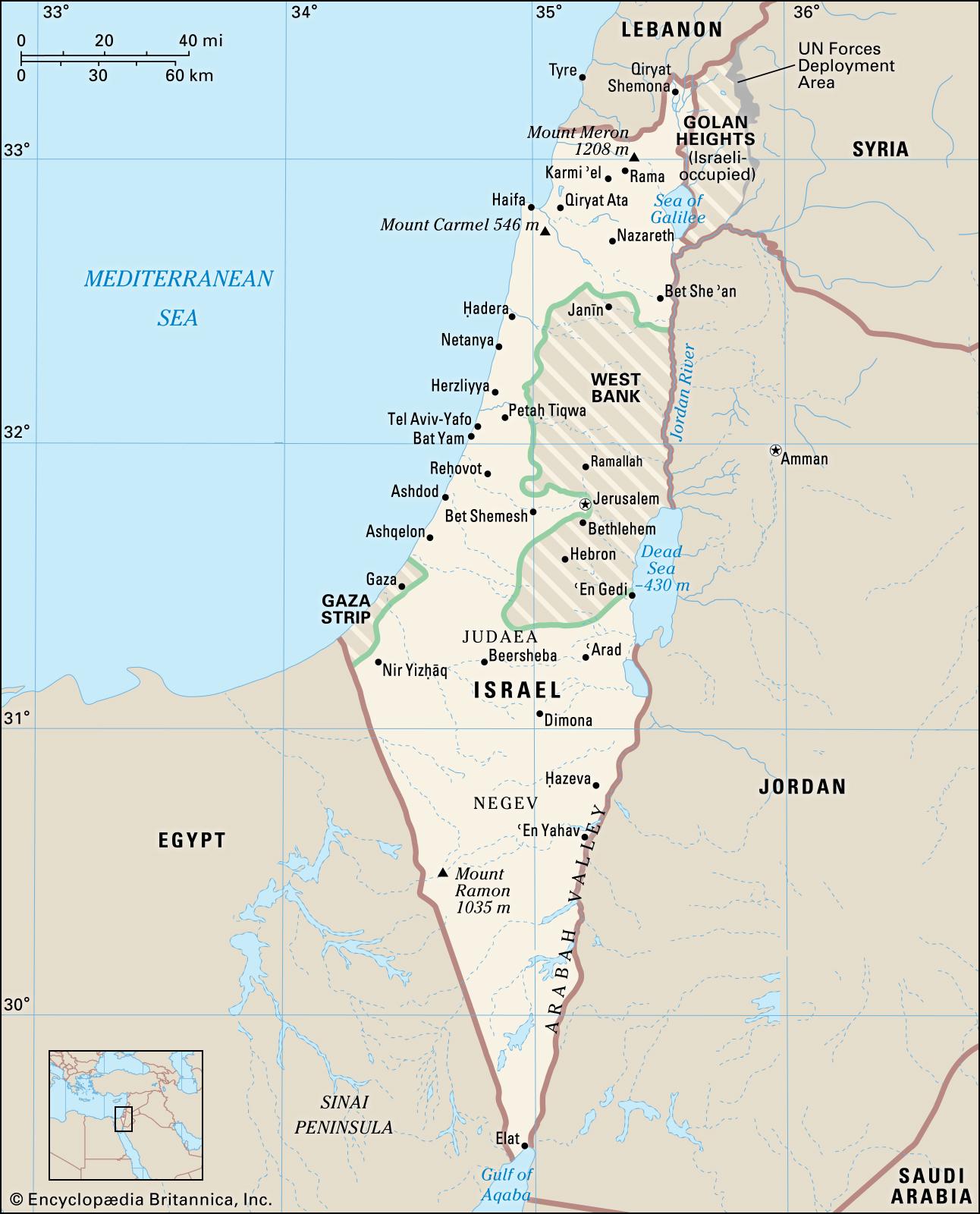 Bản đồ israel và các khu vực do người Palestine kiểm soát hiện nay (kẻ sọc) (Ảnh: britannica). Bản đồ israel và các khu vực do người Palestine kiểm soát hiện nay (kẻ sọc) (Ảnh: britannica).