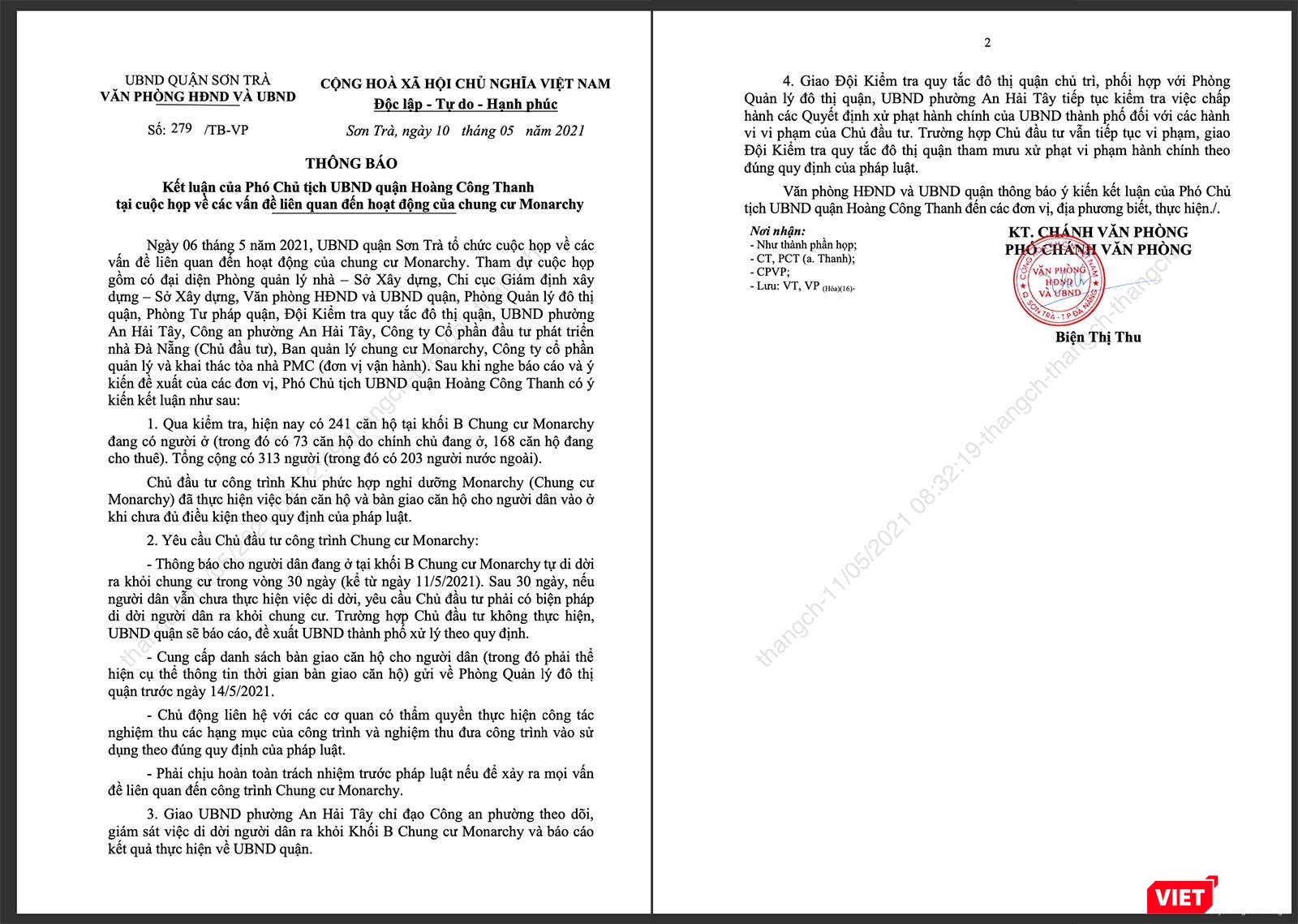 Văn bản chỉ đạo xử lý sai phạm của UBND quận Sơn Trà (Đà Nẵng) đối với sai phạm tại Dự án Khu phức hợp nghỉ dưỡng Monarchy