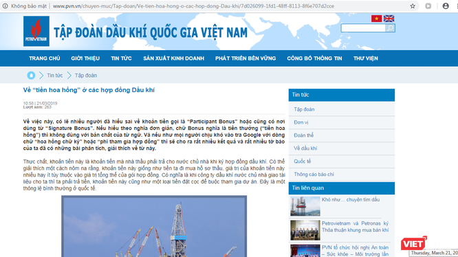 Website Tập đoàn dầu khí đăng tải bài viết về “tiền hoa hồng” tại dự án Junin 2