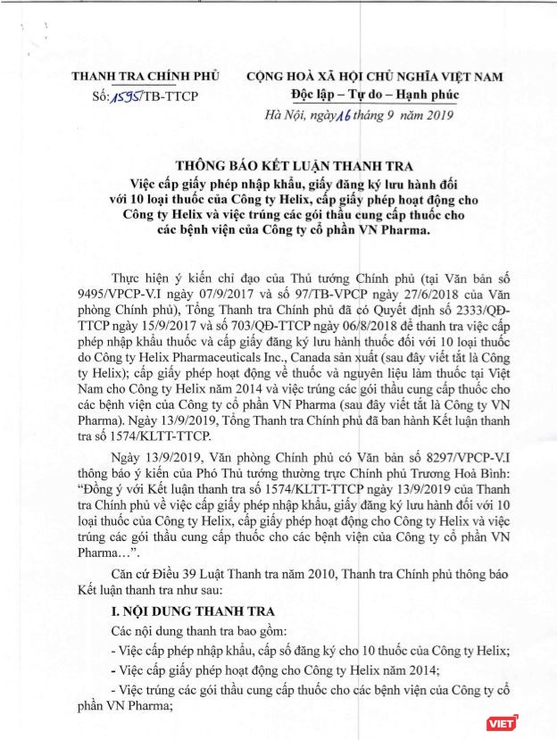 Chuyển hồ sơ vụ vi phạm trong cấp phép cho hàng loạt thuốc của Công ty Helix và việc trúng thầu của VN Pharma sang Bộ Công an - ảnh 1