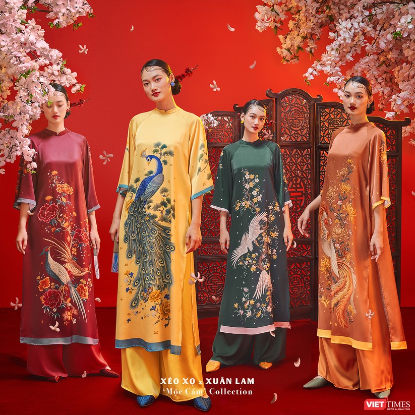 Tranh Tứ Bình được họa sĩ Xuân Lam sáng tạo trên áo dài xuân 