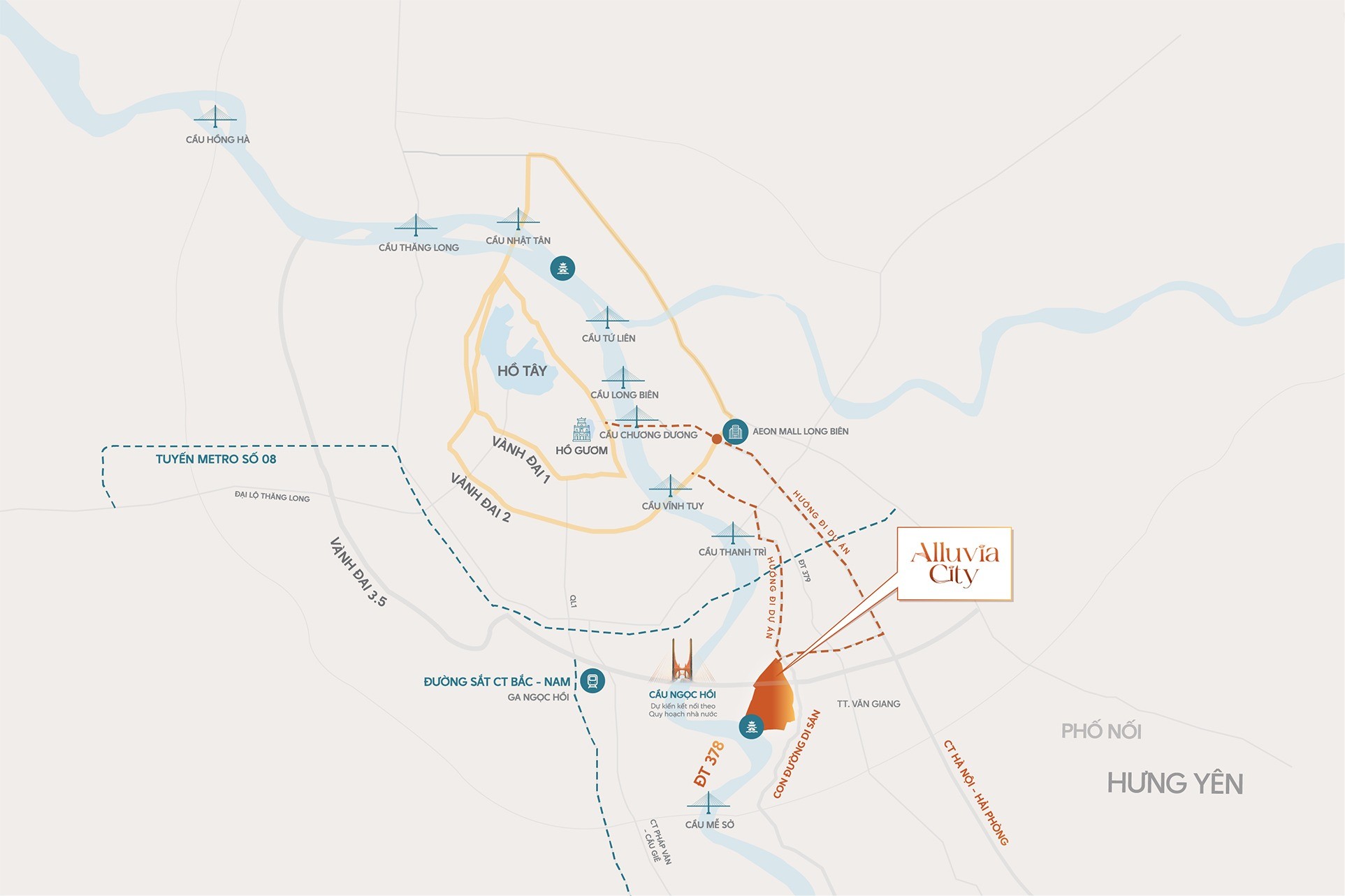 Theo giới thiệu, dự án Alluvia City nằm trên vành đai 3.5 và bến du thuyền trên sông Hồng trong tương lai nên thuận lợi về cả giao thông đường bộ và đường thuỷ. Đồ họa: Alluvia City.com.vn. vi-tri-du-an.jpg