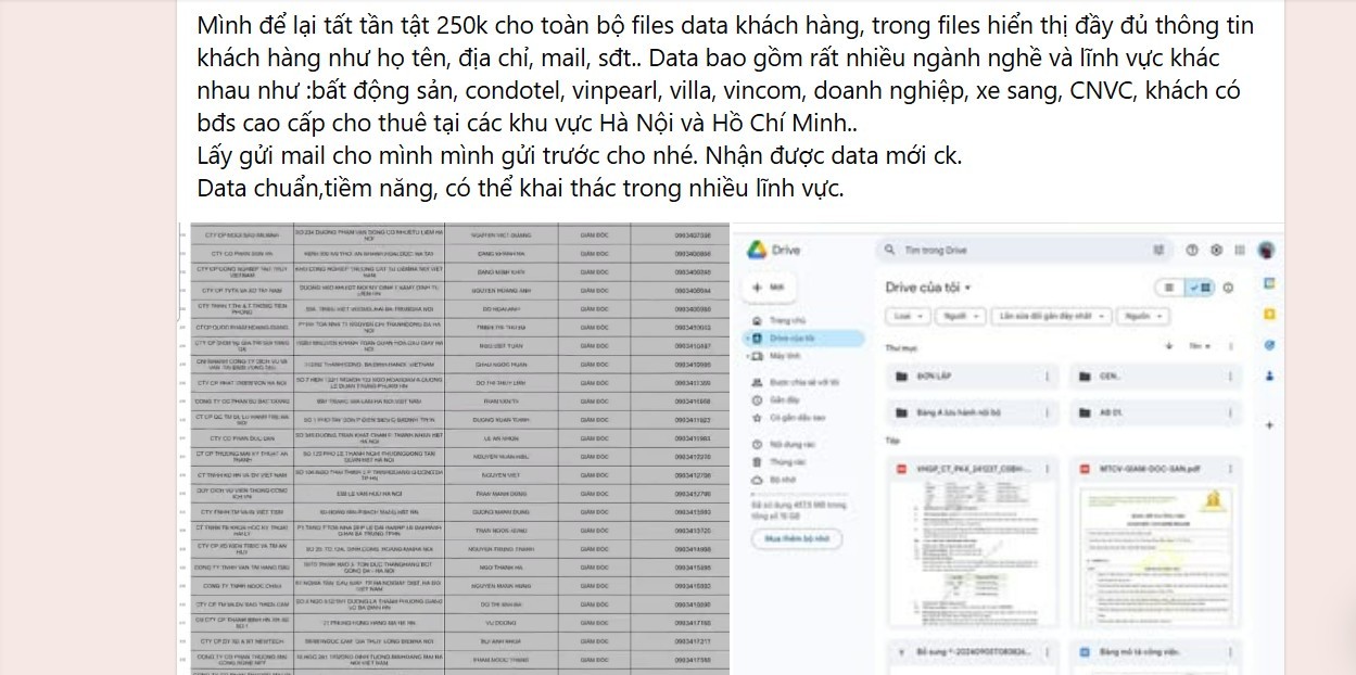 Dữ liệu người dân được rao bán với giá chỉ 250.000 đồng được rao bán trên mạng xã hội facebook. Ảnh chụp màn hình. Mua ban du lieu 1.jpg