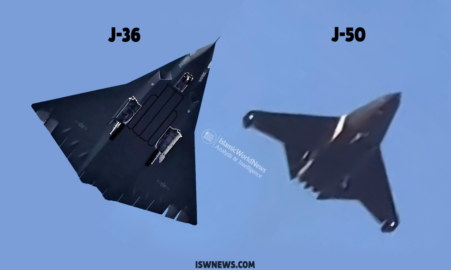 Hai mẫu J-36 và J-50 của quân đội Trung Quốc. Ảnh: ISW. Máy bay chiến đấu thế hệ 6 và UAV AI Vũ khí mới giúp Mỹ đối phó Trung Quốc 1.png