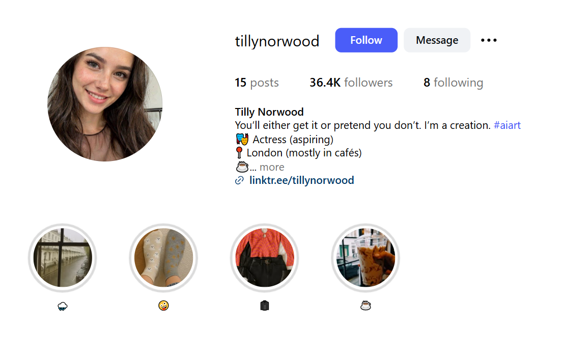 Trang cá nhân của "diễn viên" Tilly Norwood trên mạng xã hội Instagram. Ảnh: Instagram. Hollywood phẫn nộ trước nữ diễn viên AI Tilly Norwood là ngôi sao mới hay thảm họa công nghệ 5.png