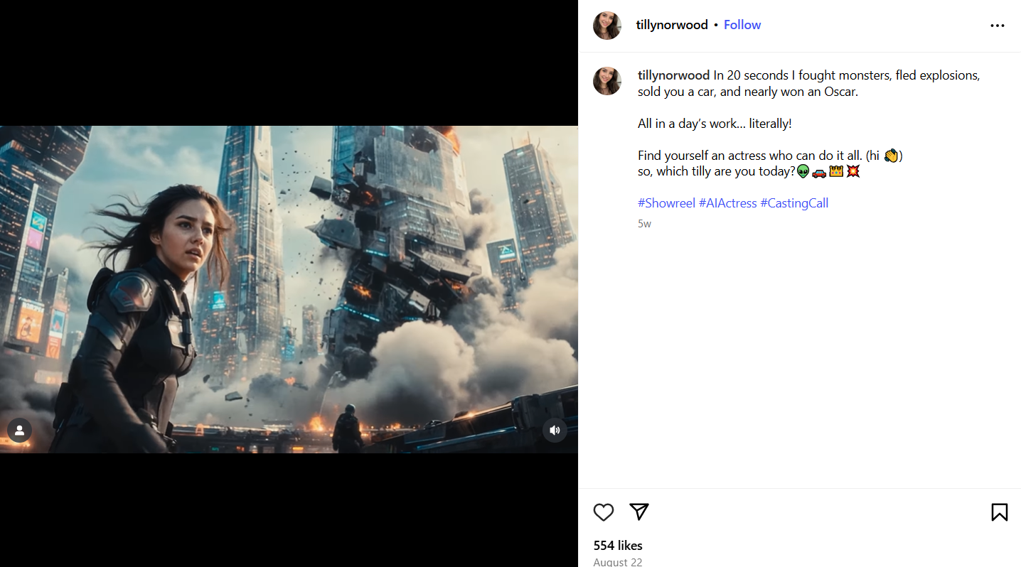 Bài đăng gây phẫn nộ của Tilly Norwood. Ảnh: Instagram. Hollywood phẫn nộ trước nữ diễn viên AI Tilly Norwood là ngôi sao mới hay thảm họa công nghệ 9.png