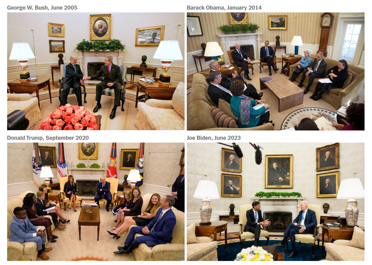 Phòng Bầu dục qua các đời Tổng thống Mỹ. Ảnh: NYTimes. Ông Trump dát vàng Nhà Trắng Đập tường, lát đá Vườn Hồng, xây ballroom hàng trăm mét vuông 14.png