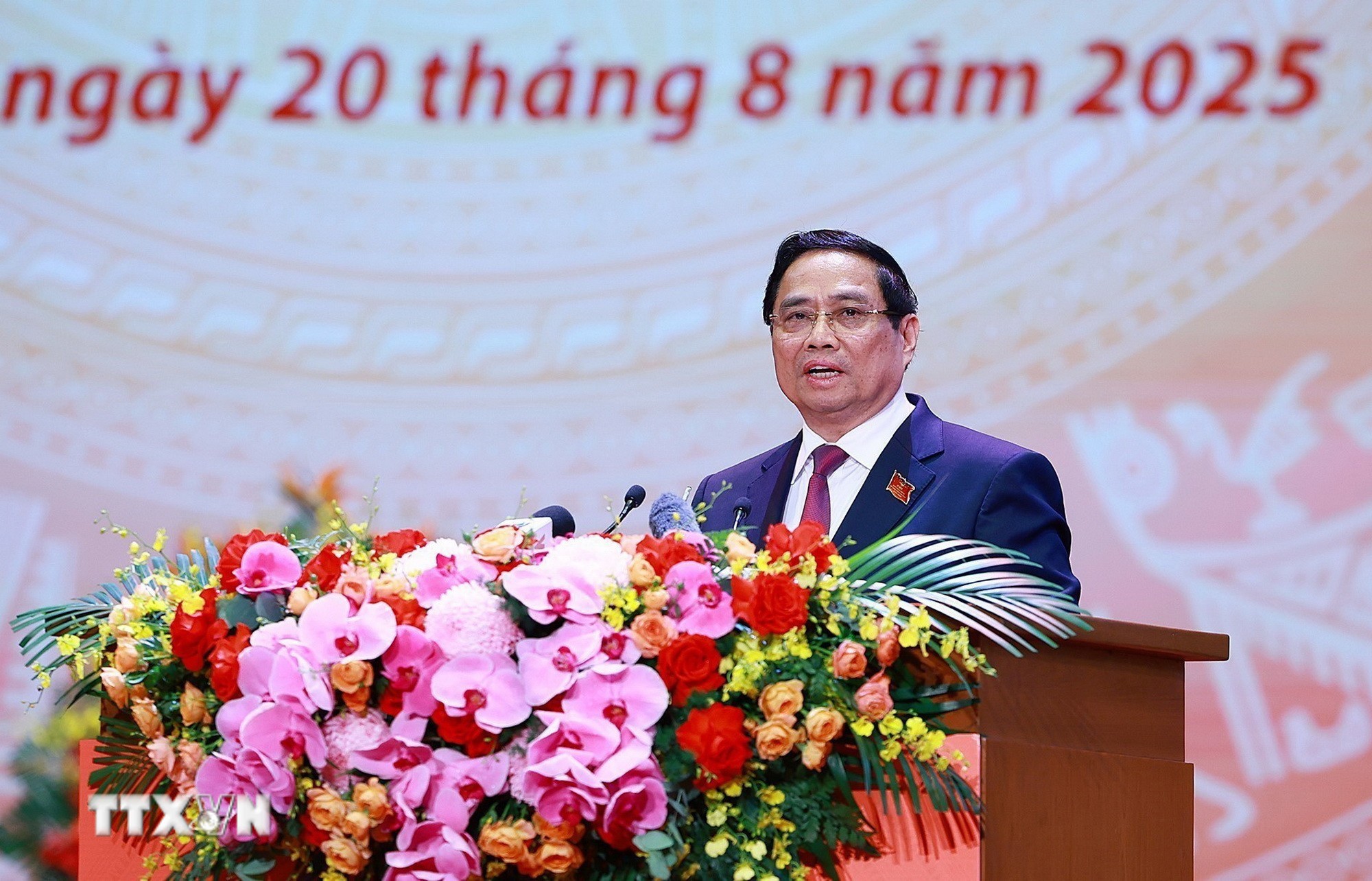 Thủ tướng Phạm Minh Chính trình bày diễn văn kỷ niệm 80 năm thành lập Chính phủ. (Ảnh: Dương Giang/TTXVN) 20-8 thu-tuong-thanh-lap-chinh-phu-4.jpg
