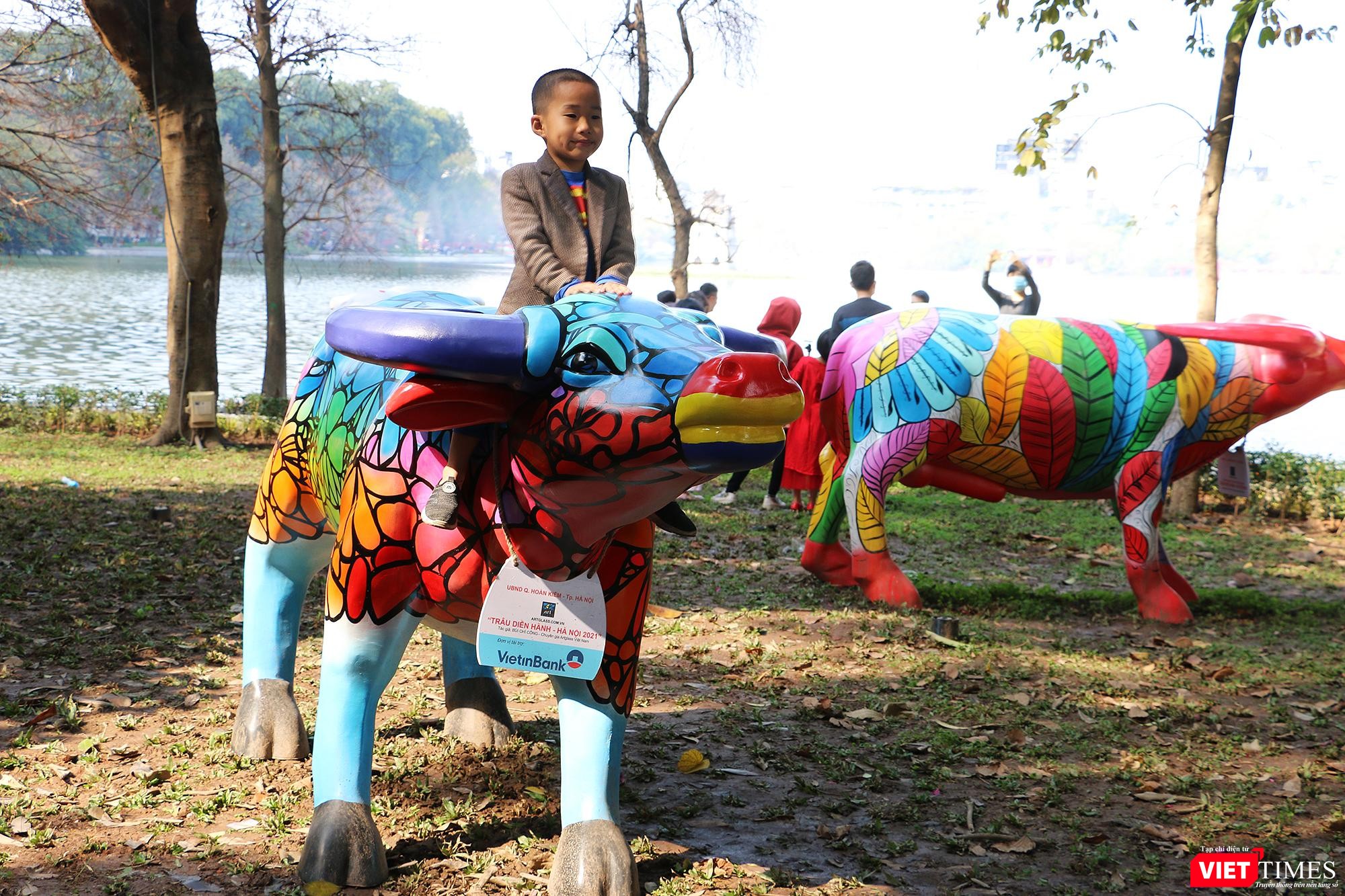 Một chú bé chụp ảnh với biểu tượng chú trâu - năm Tân Sửu