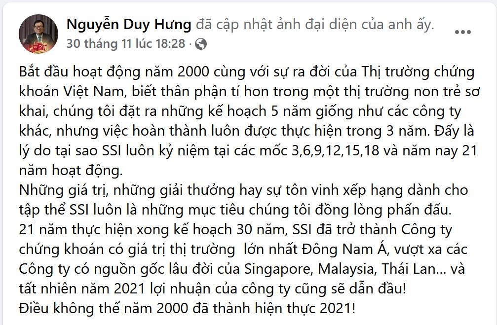 Ảnh chụp facebook của Chủ tịch SSI Nguyễn Duy Hưng.
